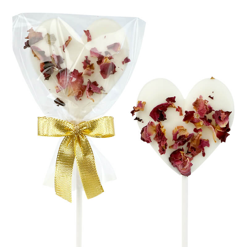 Witte hartlolly's met rozenblaadjes (10 stuks)