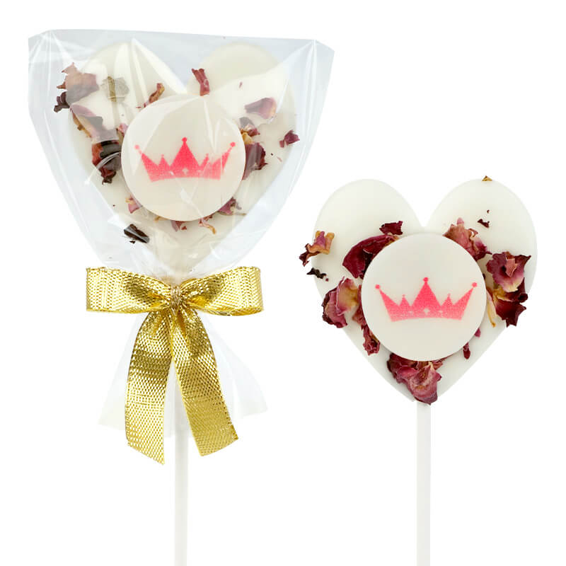 Witte hartlolly's met rozenblaadjes en logo (10 stuks)