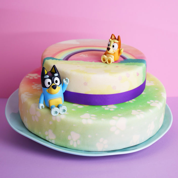 Bluey®-figuur op een tweelaagse regenboogtaart