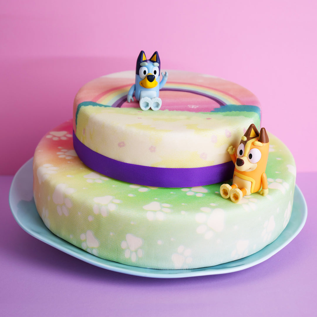 Bluey®-figuur op een tweelaagse regenboogtaart