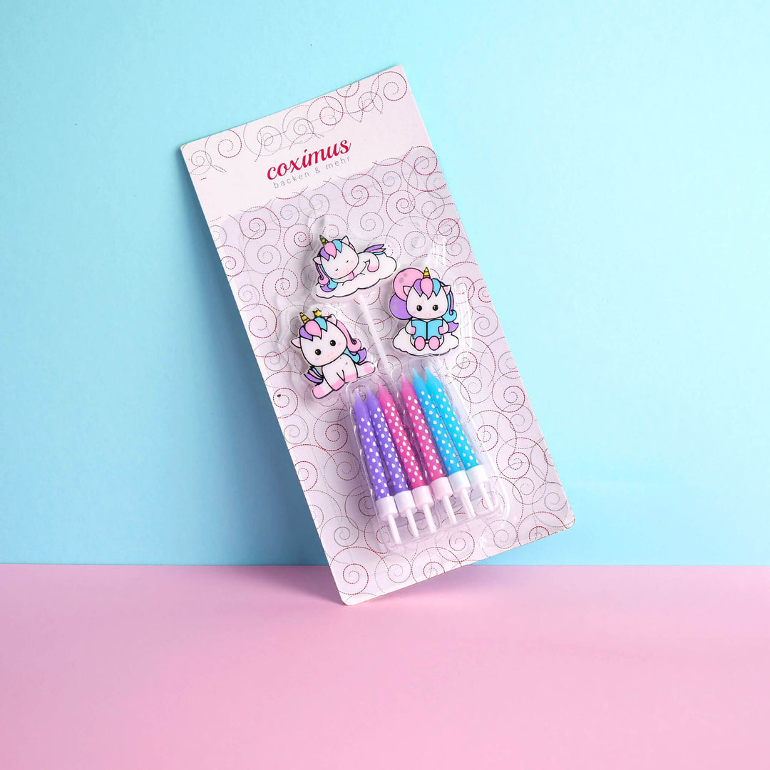 Kleurrijke eenhoorn taartkaarsjes set (12+3 stuks)