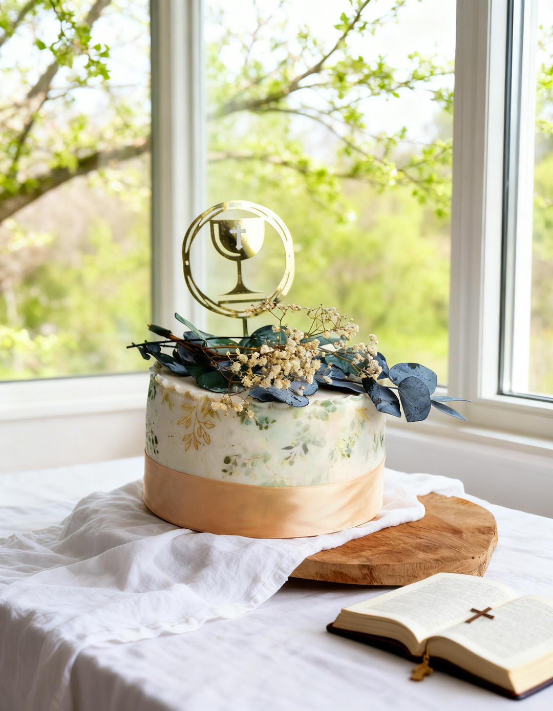 Deluxe Eucalyptus-taart met communie-cake-topper