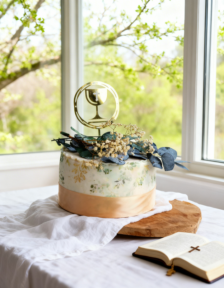 Deluxe Eucalyptus-taart met communie-cake-topper