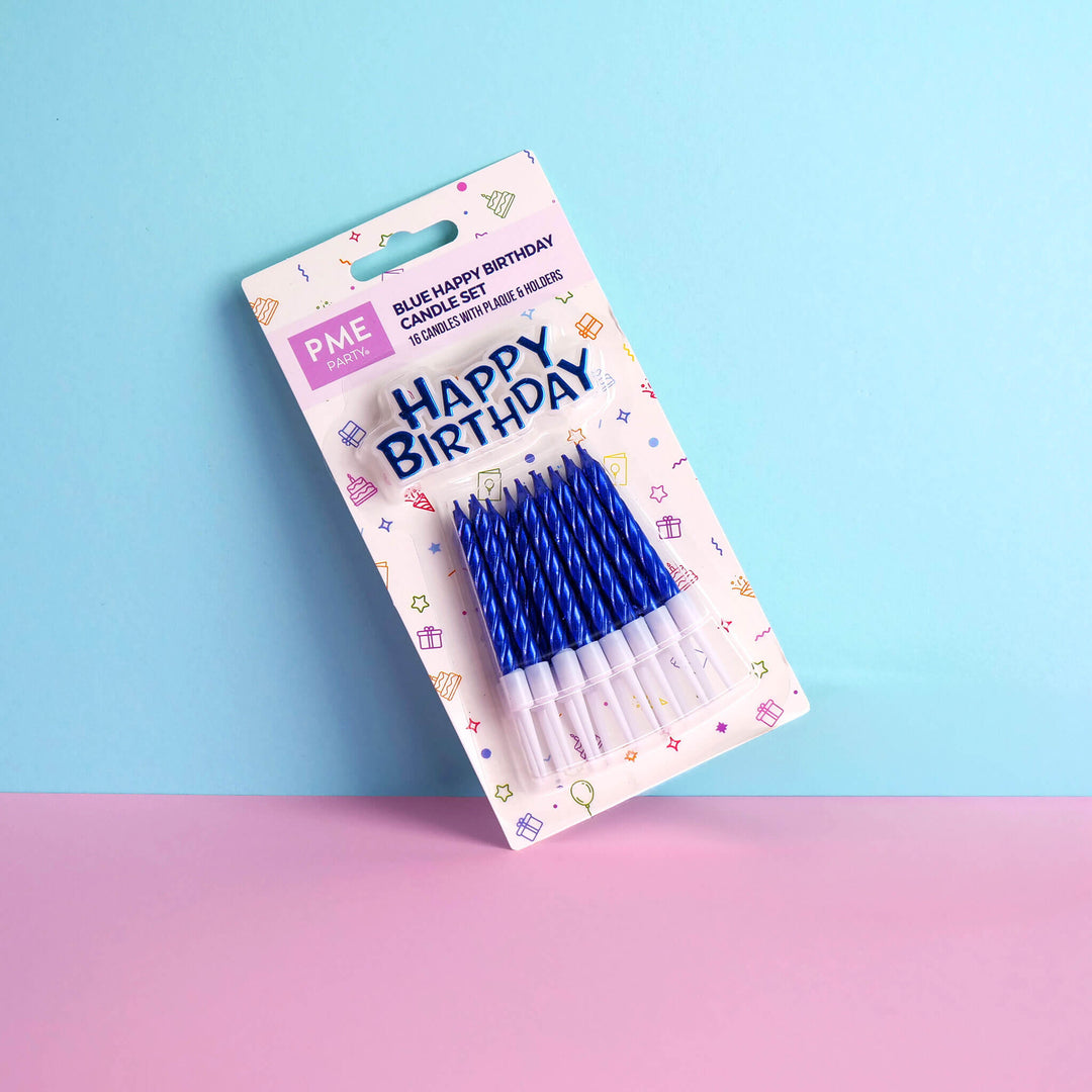 Happy Birthday taartkaarsjes metallic blauw
