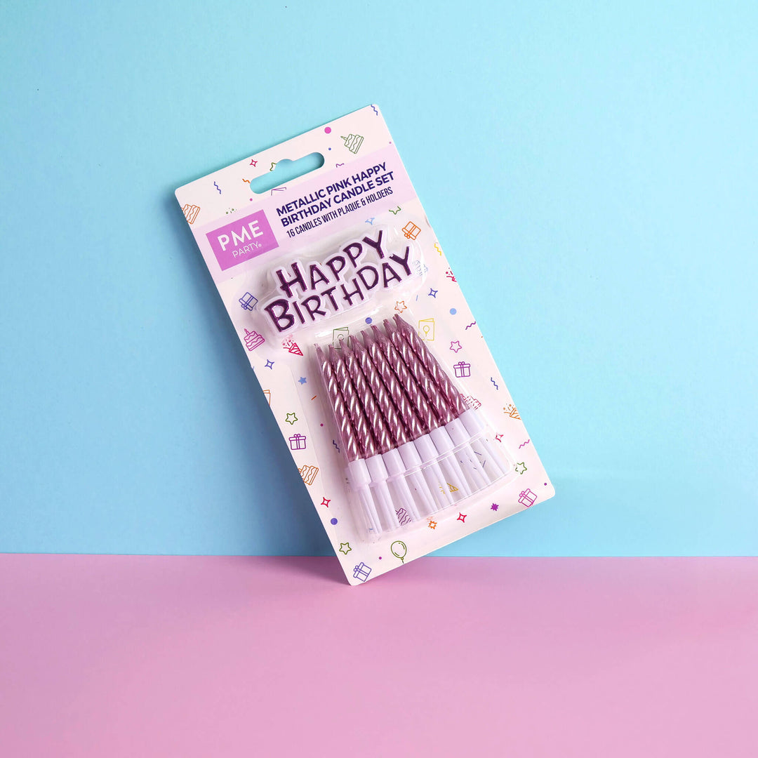 Gefeliciteerd met je verjaardag taartkaarsjes metallic roze