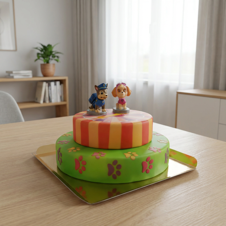 Paw Patrol® op een 2-laags roze hondenpoot taart