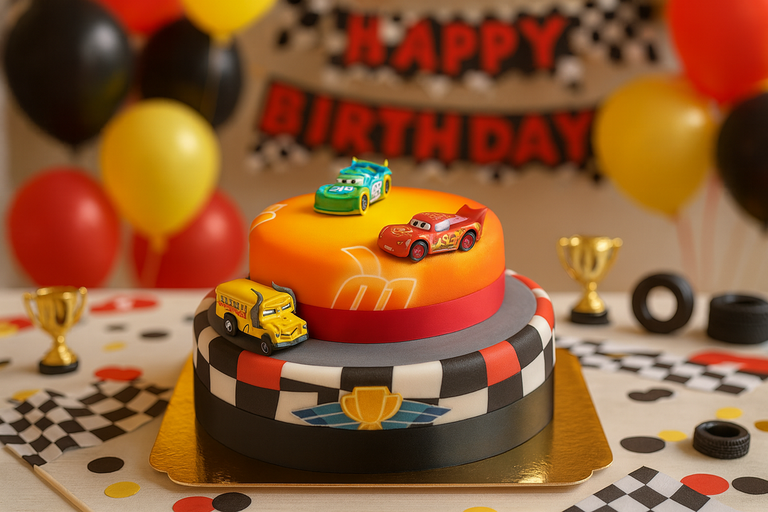 Cars 2® - Lightning McQueen, Miss Fritter en Takel op twee-verdiepingen circuit taart met lint