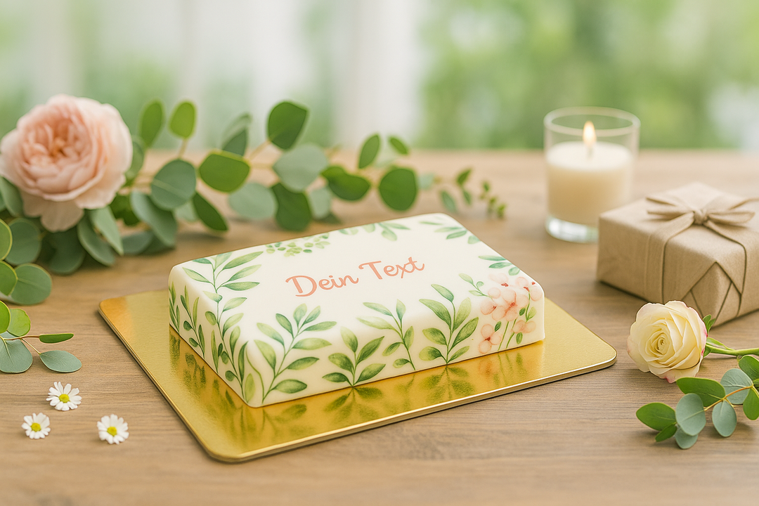 Vierkante eucalyptustaart + persoonlijke tekst