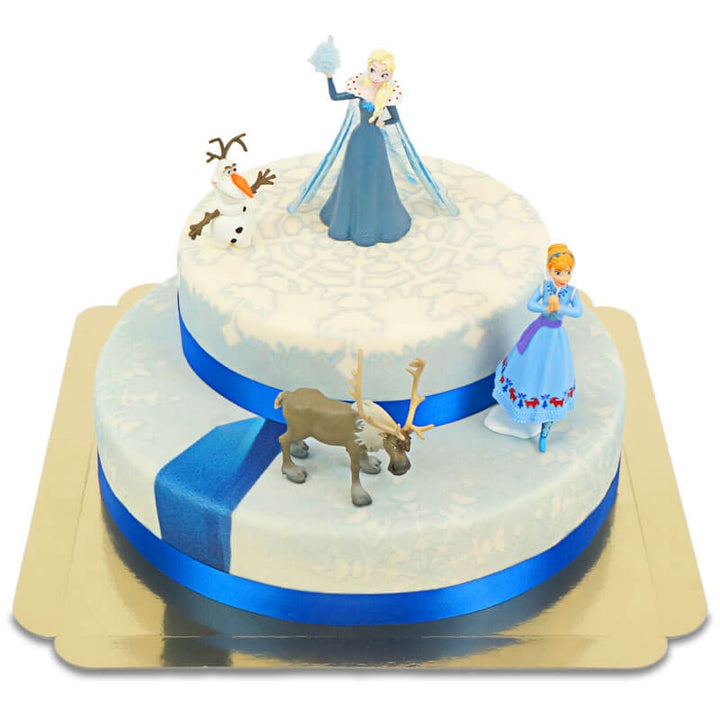 Ijskoningin Elsa®, zus Anna® & Olaf® op twee-verdiepingen sneeuwvlok taart