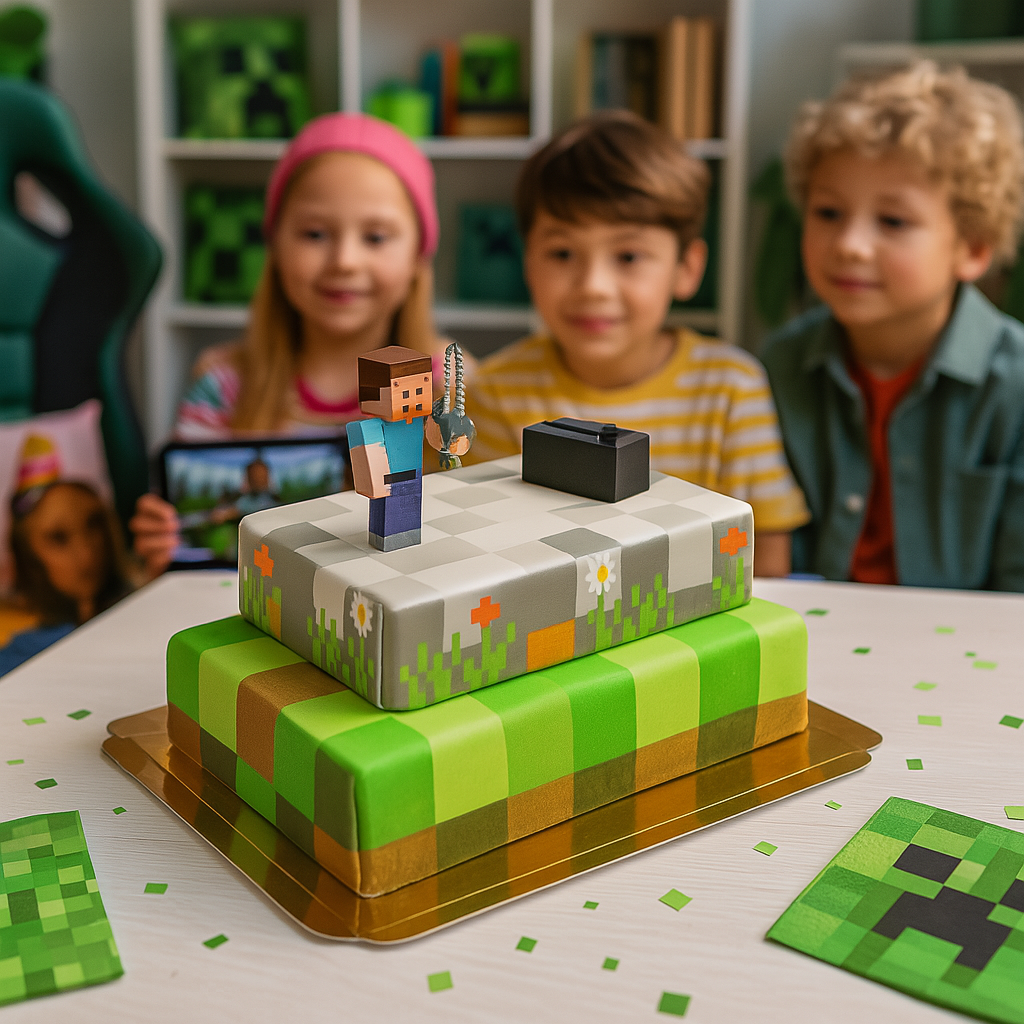 Figuren Minecraft® op tweelaagse spelwereld-taart